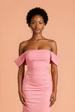 Off The Shoulder Sheath Pink Bridesmaid Dress With Slit