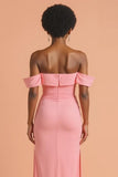 Off The Shoulder Sheath Pink Bridesmaid Dress With Slit