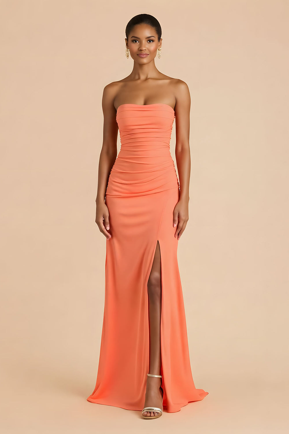 Strapless Sheath Orange Bridesmaid Dress With Slit
