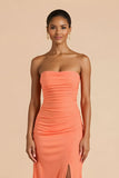 Strapless Sheath Orange Bridesmaid Dress With Slit