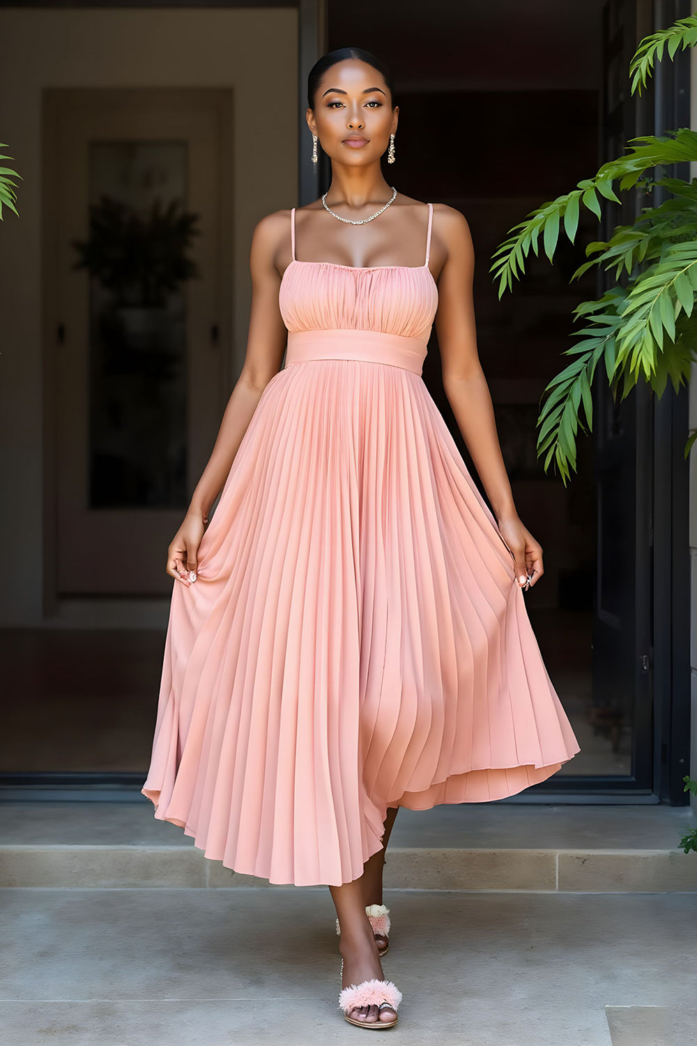 A-Line Pleated Ankle Length Sunset Bridesmaid Dress