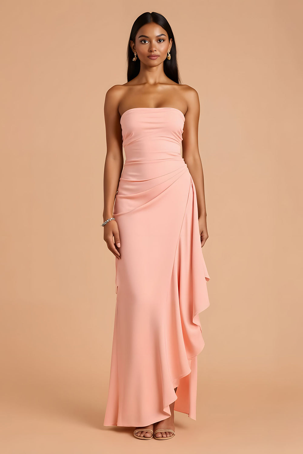 Blush Ruffle Sheath Strapless Maxi Dress with Slit