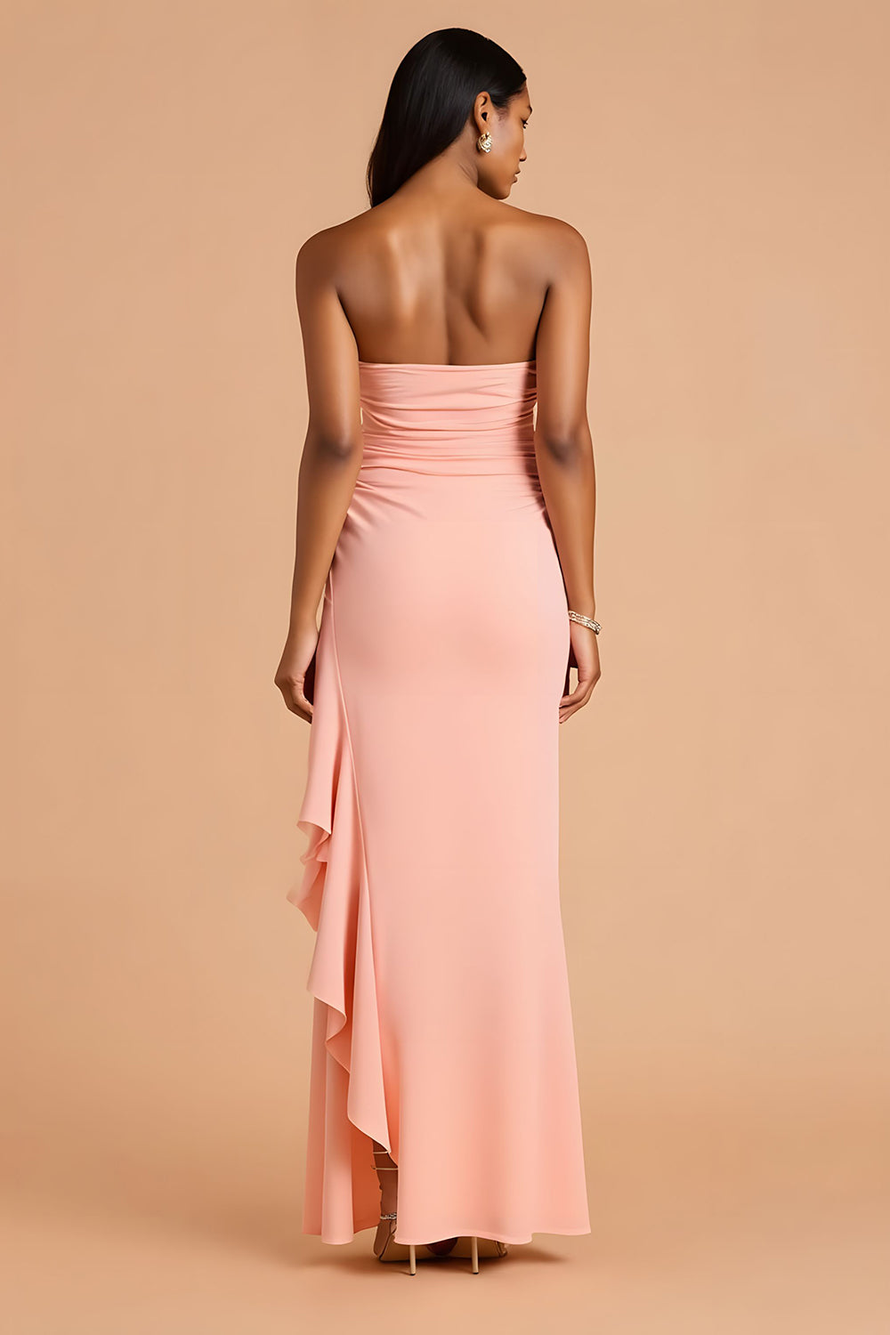Blush Ruffle Sheath Strapless Maxi Dress with Slit