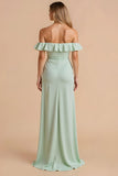Off The Shoulder Sheath Light Green Bridesmaid Dress With Slit