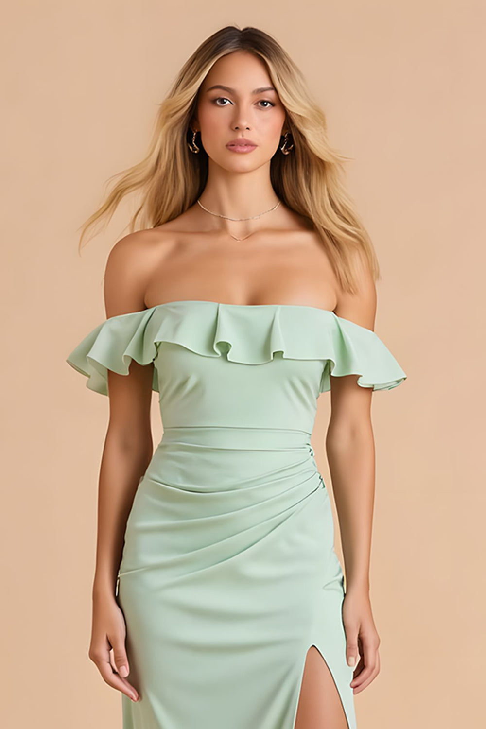 Off The Shoulder Sheath Light Green Bridesmaid Dress With Slit