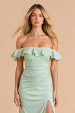 Off The Shoulder Sheath Light Green Bridesmaid Dress With Slit