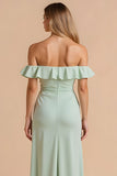 Off The Shoulder Sheath Light Green Bridesmaid Dress With Slit