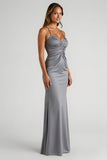 Steel Grey Satin Sheath Bridesmaid Dress