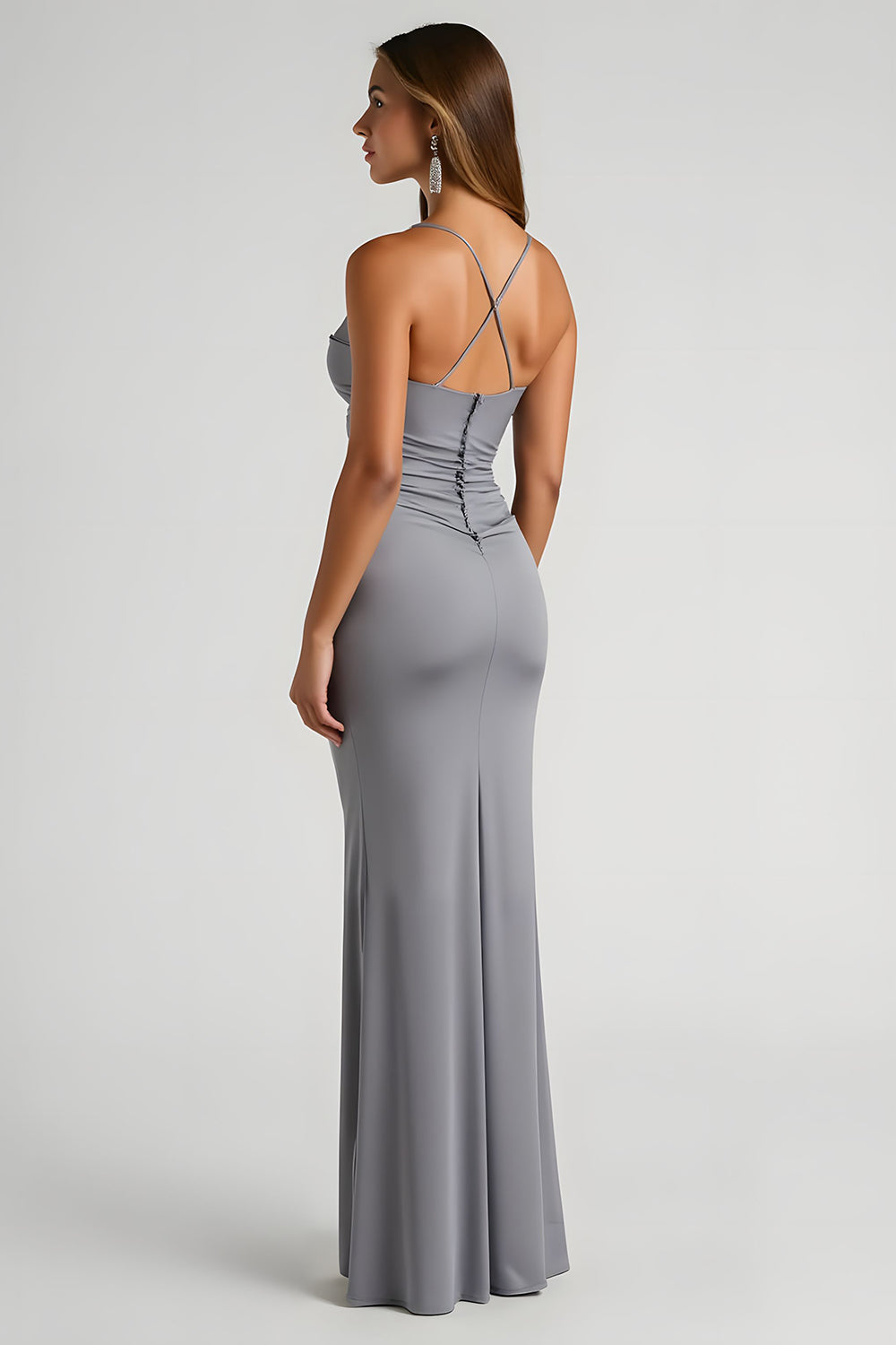 Steel Grey Satin Sheath Bridesmaid Dress