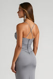 Steel Grey Satin Sheath Bridesmaid Dress