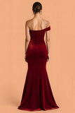 One Shoulder Burgundy Velvet Mermaid Maxi Bridesmaid Dress