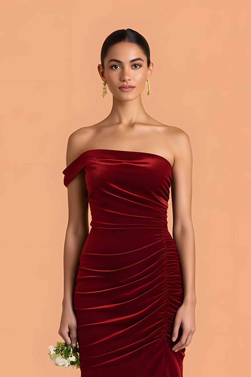 One Shoulder Burgundy Velvet Mermaid Maxi Bridesmaid Dress