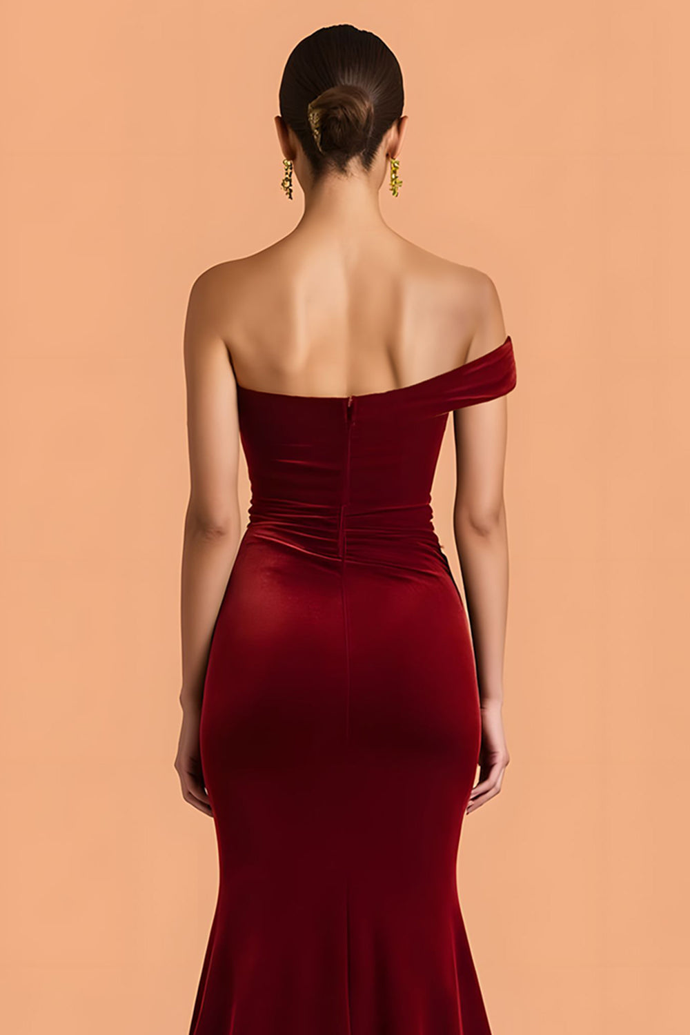 One Shoulder Burgundy Velvet Mermaid Maxi Bridesmaid Dress