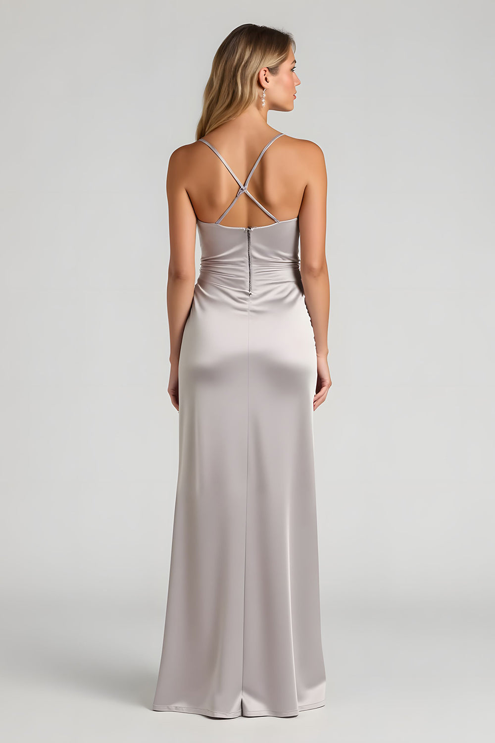Silver Sheath Satin Maxi Bridesmaid Dress With Slit