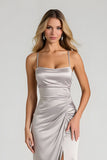 Silver Sheath Satin Maxi Bridesmaid Dress With Slit
