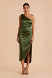 Olive One Shoulder Sheath Bridesmaid Dress With Slit