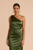 Olive One Shoulder Sheath Bridesmaid Dress With Slit