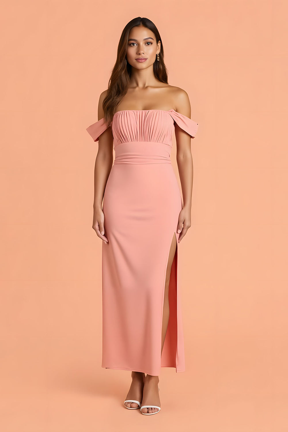 Off The Shoulder Blush Sheath Ankle Length Bridesmaid Dress With Slit