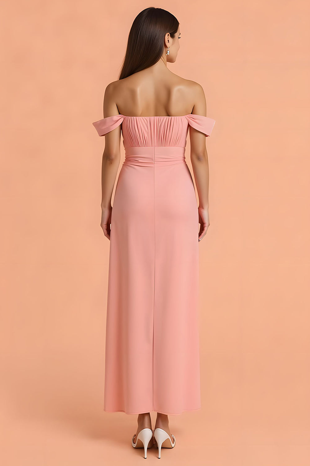 Off The Shoulder Blush Sheath Ankle Length Bridesmaid Dress With Slit