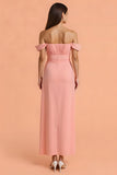 Off The Shoulder Blush Sheath Ankle Length Bridesmaid Dress With Slit