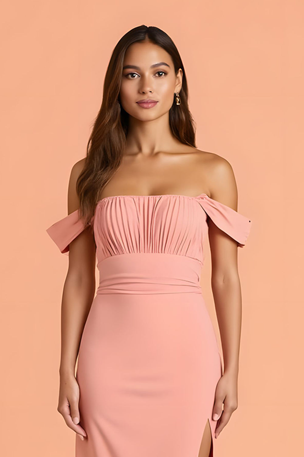 Off The Shoulder Blush Sheath Ankle Length Bridesmaid Dress With Slit