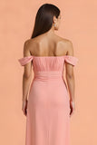 Off The Shoulder Blush Sheath Ankle Length Bridesmaid Dress With Slit