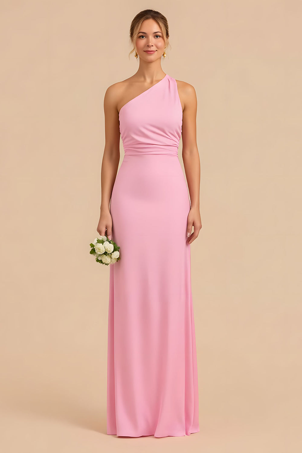 One Shoulder Sheath Candy Pink Bridesmaid Dress