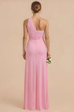 One Shoulder Sheath Candy Pink Bridesmaid Dress
