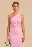 One Shoulder Sheath Candy Pink Bridesmaid Dress