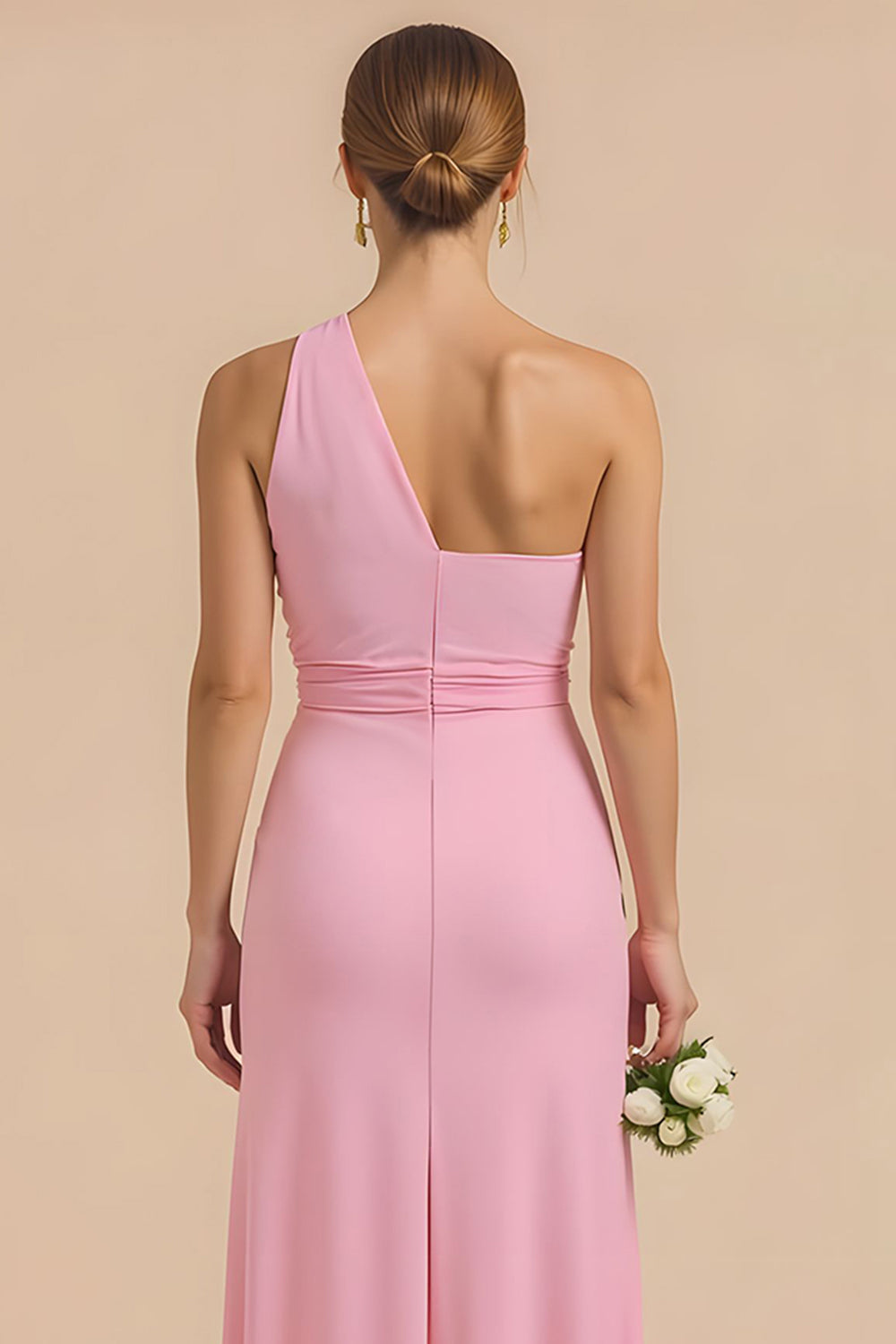 One Shoulder Sheath Candy Pink Bridesmaid Dress