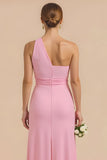 One Shoulder Sheath Candy Pink Bridesmaid Dress