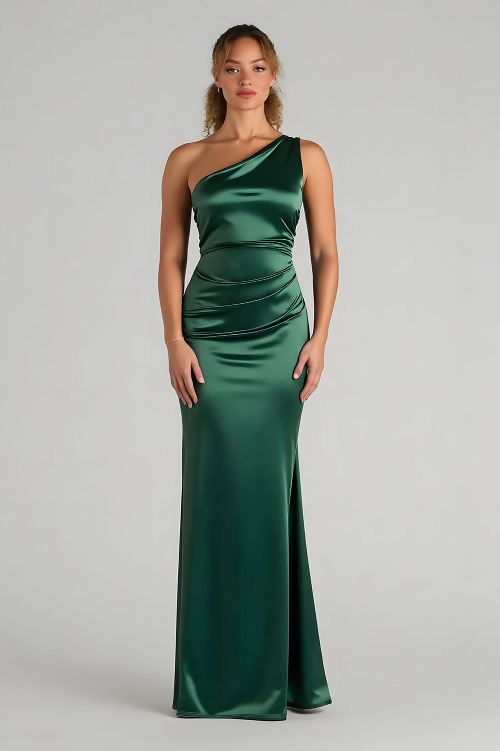 Dark Green One Shoulder Sheath Satin Bridesmaid Dress