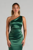 Dark Green One Shoulder Sheath Satin Bridesmaid Dress