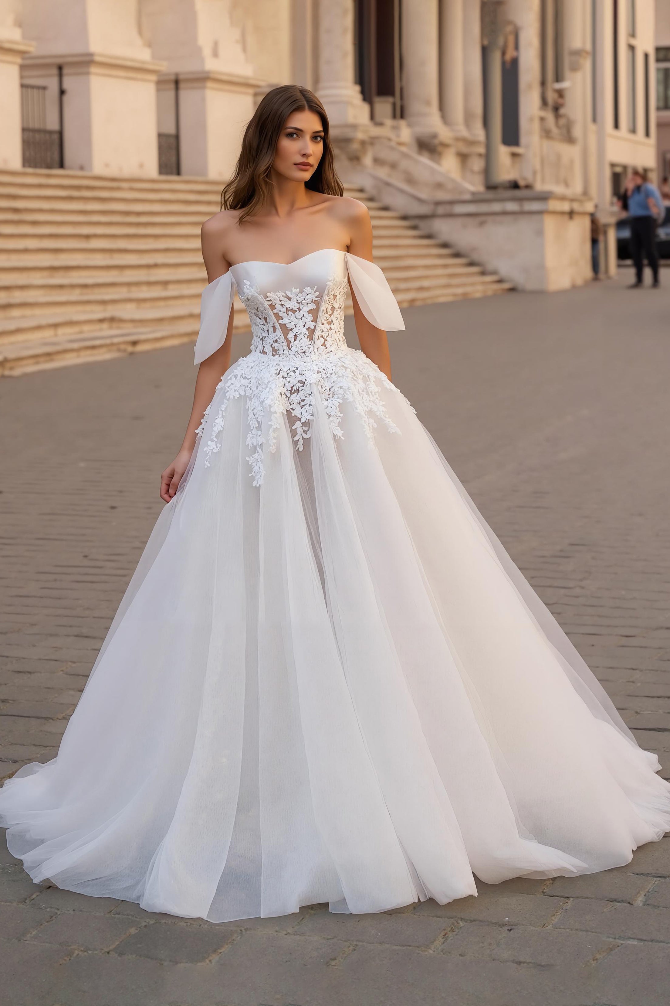 Ivory Off The Shoulder Appliqued Tulle Bridal Gown Dress with Sweep Train