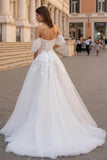 Ivory Off The Shoulder Appliqued Tulle Bridal Gown Dress with Sweep Train