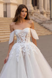 Ivory Off The Shoulder Appliqued Tulle Bridal Gown Dress with Sweep Train
