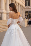 Ivory Off The Shoulder Appliqued Tulle Bridal Gown Dress with Sweep Train