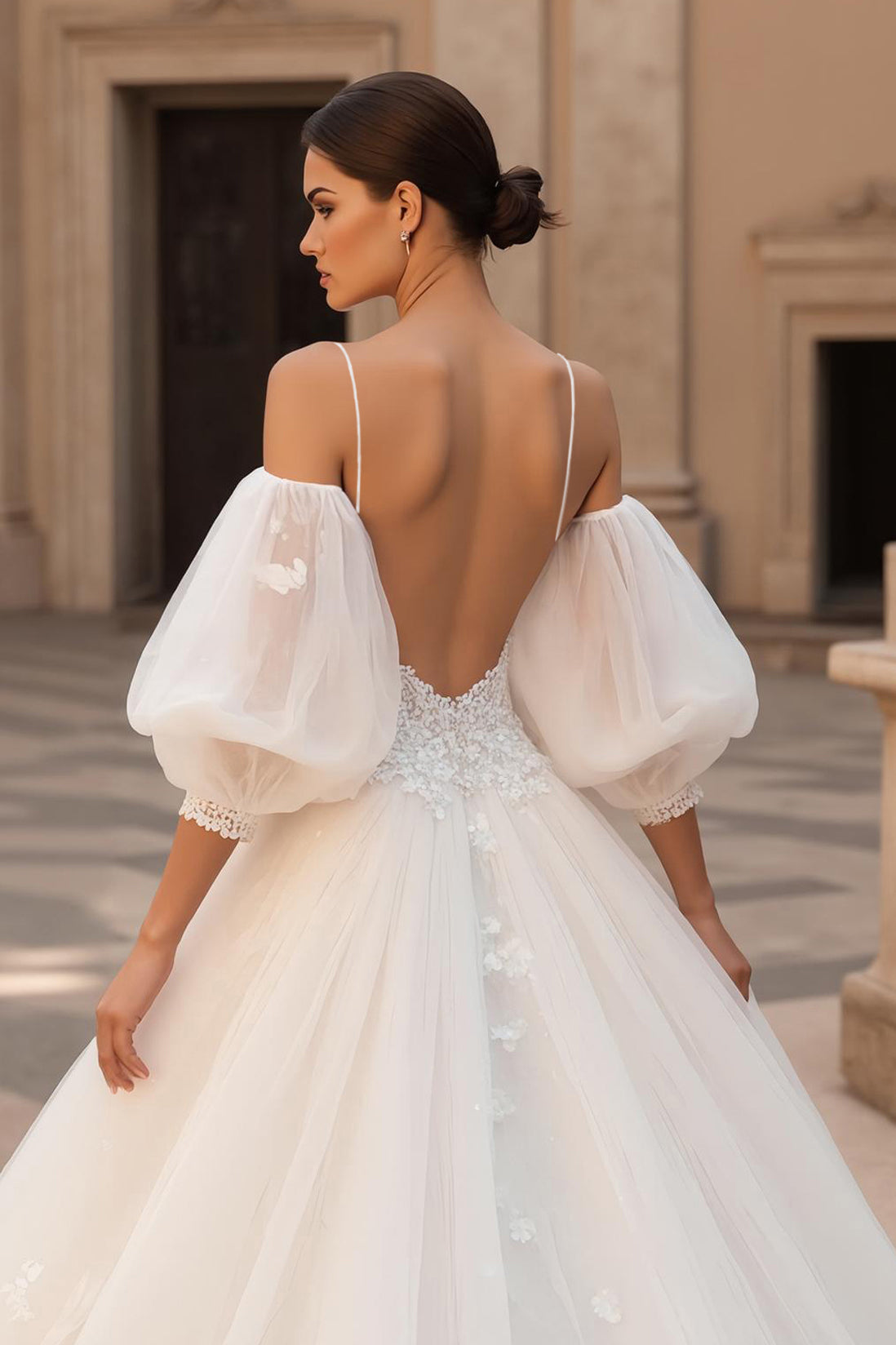 A-Line Ivory Appliqued Wedding Dress With Puff Sleeves