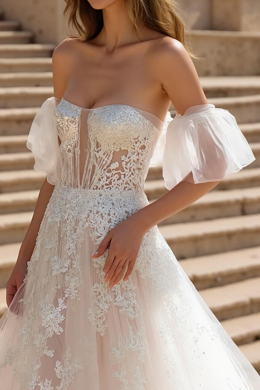 Off The Shoulder Court Train A-Line Wedding Dress With Appliques