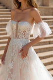 Off The Shoulder Court Train A-Line Wedding Dress With Appliques