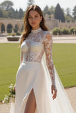 High Neck Long Sleeve A-Line Ivory Wedding Dress With Slit