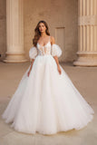 Ivory Puff Sleeve Bridal Gown Dress with Appliques