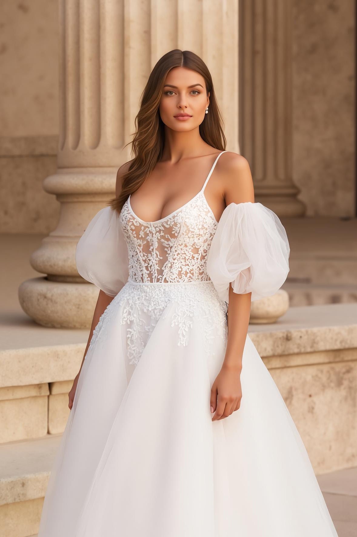 Ivory Puff Sleeve Bridal Gown Dress with Appliques