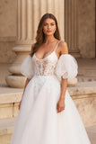 Ivory Puff Sleeve Bridal Gown Dress with Appliques