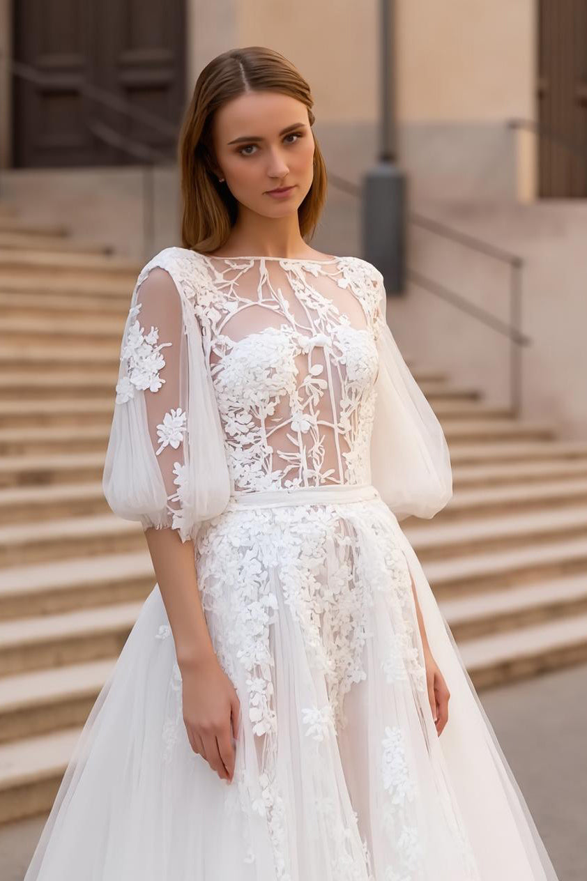 Appliqued A-Line Ivory Modest Wedding Dress With Half Sleeves