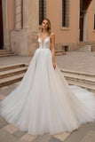 Ivory A-Line V-Neck Tulle Court Train Wedding Dress With Appliques