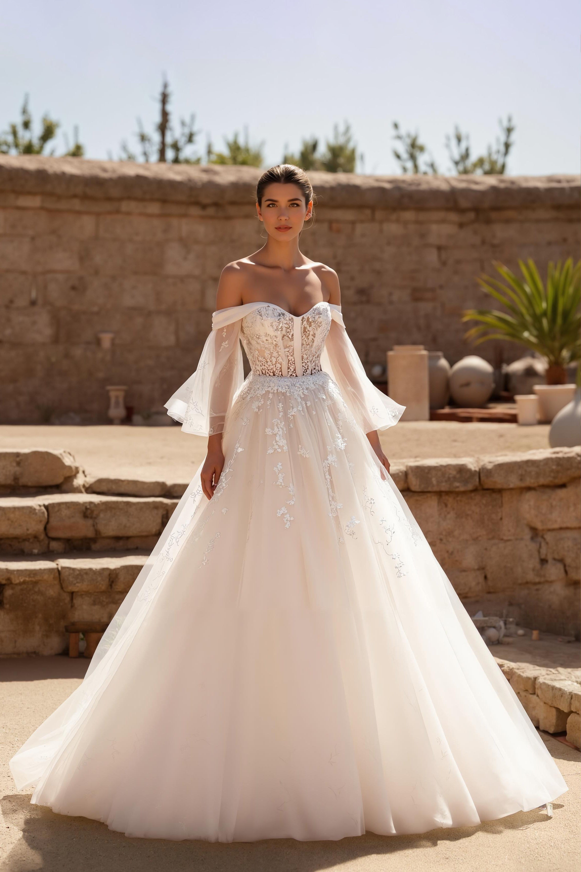Off The Shoulder A Line Ivory Long Sleeve Wedding Dress With Appliques
