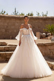 Off The Shoulder A Line Ivory Long Sleeve Wedding Dress With Appliques