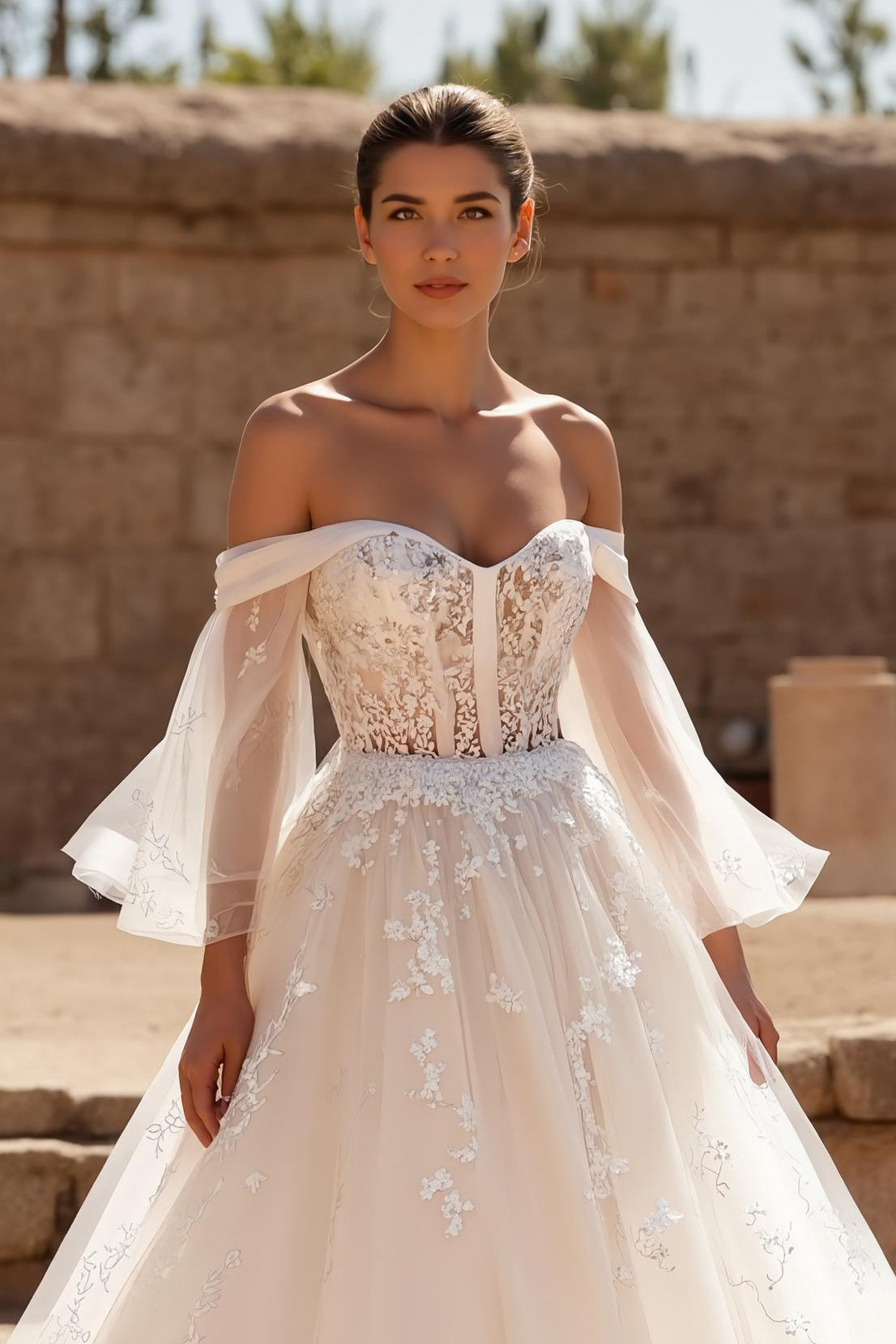 Off The Shoulder A Line Ivory Long Sleeve Wedding Dress With Appliques