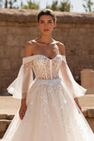 Off The Shoulder A Line Ivory Long Sleeve Wedding Dress With Appliques